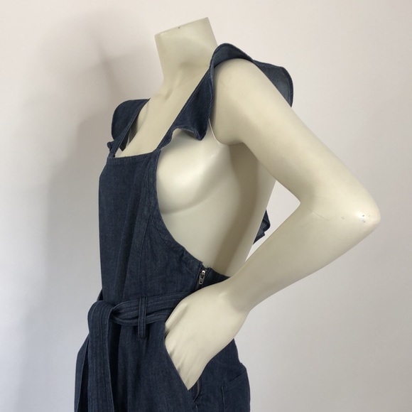 JOIE Ruffle Sleeve Backless Tie Waist Wide‎ Leg Denim Jumpsuit w/ Pockets Sz 4 - Picture 6 of 13